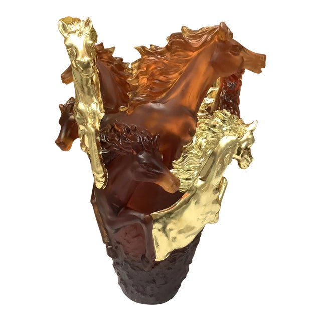 Vintage 1950s Heavy Glass Art Horse Vase Amber With Gold Accents For Sale
