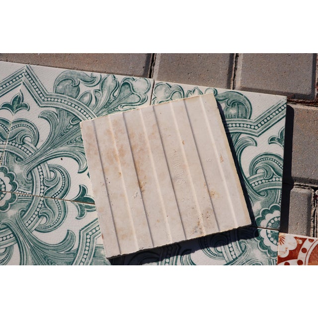Art Deco Tiles Set of Eight Large Portuguese Green & Terracotta Ornamental Design c.1920s For Sale - Image 12 of 12