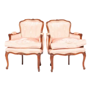 Pair of Antique Louis XV French Children's Bergere Chairs in Walnut and Pink Watered Silk - Provenance Adolphus Busch Heirs - Early 20th Century