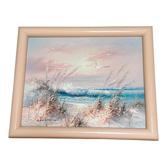 Vintage Coastal Seascape Pink Sunset Breaking Waves Original Oil on Canvas Painting Signed and Framed For Sale