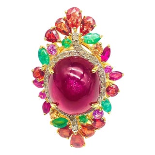 Bochic "Orient" Vintage Ruby, Emerald, Sapphire & Diamond Ring Set In 18K & Silver For Sale