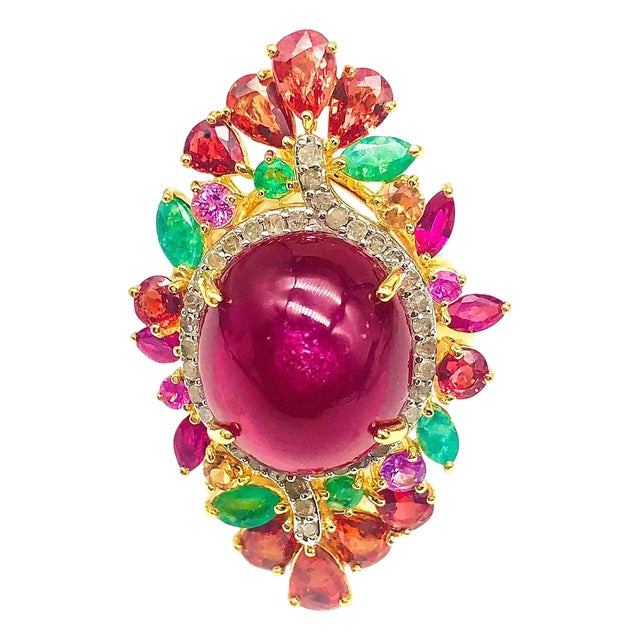 Bochic "Orient" Vintage Ruby, Emerald, Sapphire & Diamond Ring Set In 18K & Silver For Sale