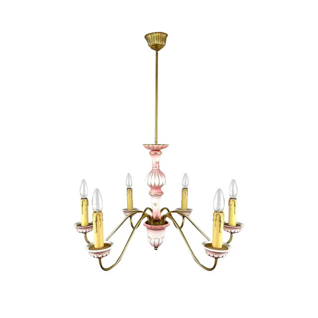 Vintage Ceramic & Gilt Brass Chandelier For Sale