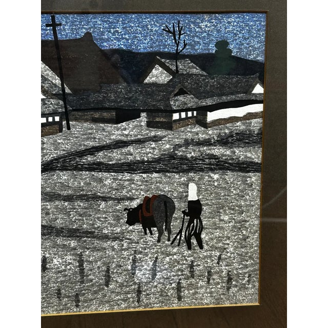 Pair of Kiyoshi Saito Mid-Century Japanese Woodblock Prints - Plowing the Field & Pagoda, Framed For Sale - Image 12 of 14