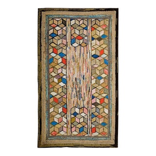 1930s Multicolor Diamond Folk Art Antique American Hooked Rug 3'6" X 5'0" Handknotted Wool Carpet For Sale