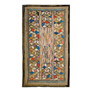 1930s Multicolor Diamond Folk Art Antique American Hooked Rug 3'6" X 5'0" Handknotted Wool Carpet