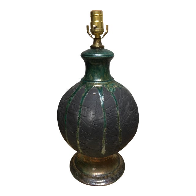 Mid Century Green Raku Pottery Lamp For Sale
