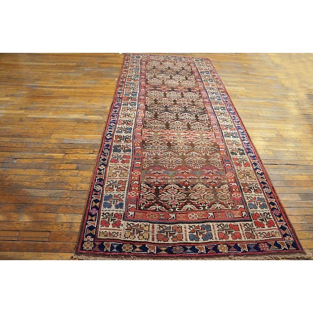 Late 19th Century W. Persian Kurdish Carpet ( 4' x 9'6" - 122 290 ) Antique Kurdish Persian Brown 1900s Rug, Circa Date:...