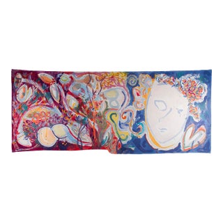 "Malibu", 2008. Abstract, Figurative Landscape. Oil Painting on Canvas by Joe Ginsberg. 91" W X 31" H. Raspberry/Cobalt, Accents of Orange and Blush. For Sale