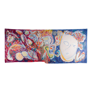 "Malibu", 2008. Abstract, Figurative Landscape. Oil Painting on Canvas by Joe Ginsberg. 91" W X 31" H. Raspberry/Cobalt, Accents of Orange and Blush.