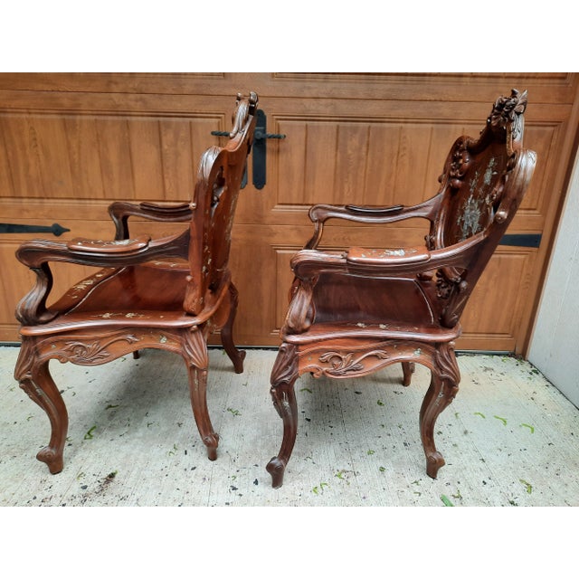 Brown Vintage Arm Chairs With Mother of Pearl Inlay - a Pair For Sale - Image 8 of 13