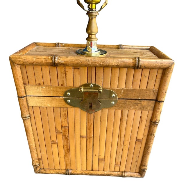 1970s Vintage Rattan Bamboo Storage Lamp With Brass Closure For Sale - Image 5 of 10