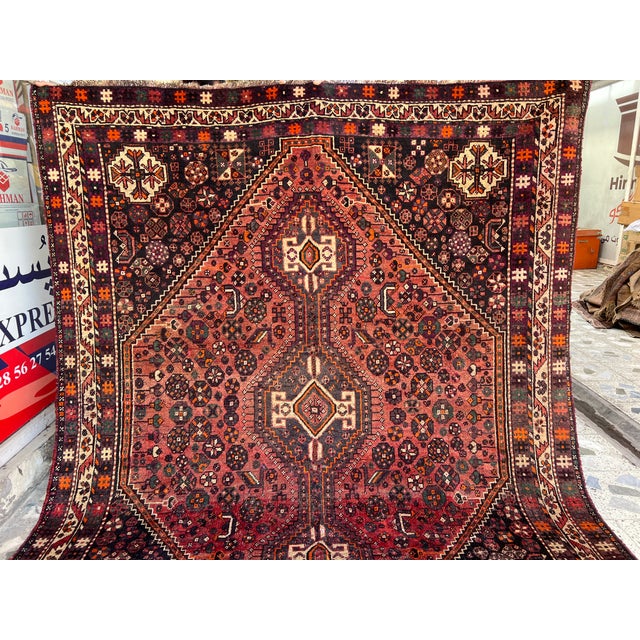 Textile Red Qashqai Tribal Hand-Knotted Wool Rug - 6'6" X 8'1" For Sale - Image 7 of 15