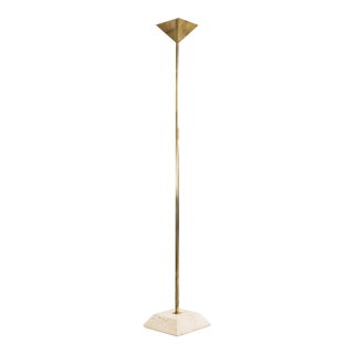 Italian Brass Torchiere Floor Lamp With Travertine Base For Sale