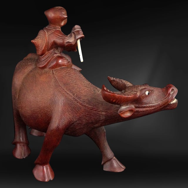 Chinese Chinese Carved Wood Water Buffalo and Boy Republic Era For Sale - Image 3 of 9