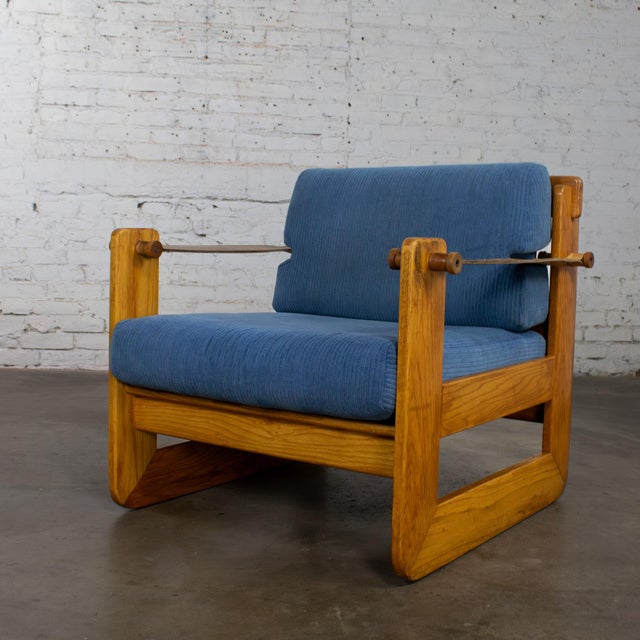 Mid-Century Modern Mid to Late 20th Century Scandinavian Modern Oak Safari Sling Club Armchair Tan Leather Arms & Blue Corduroy For Sale - Image 3 of 18