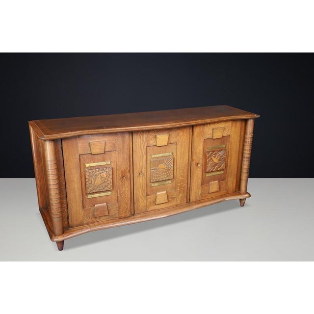 French Art Deco Oak and Brass Sideboard with Carved Reliefs, 1930s For Sale - Image 12 of 18