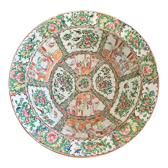 Large 19th Century Rose Medallion Rimmed Bowl For Sale