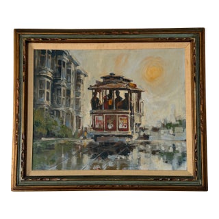 Vintage San Francisco Cable Car Painting by Flemmer – Large Framed Oil on Canvas Cityscape For Sale