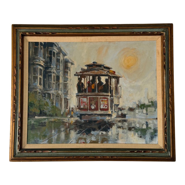 Vintage San Francisco Cable Car Painting by Flemmer – Large Framed Oil on Canvas Cityscape For Sale
