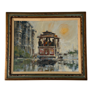 Vintage San Francisco Cable Car Painting by Flemmer – Large Framed Oil on Canvas Cityscape
