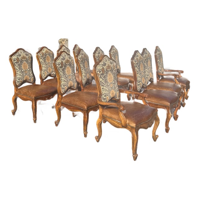Set of 12 John-Richard Upholstered Dining Chairs With Leather Seats For Sale