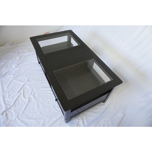 Modern Black Coffee Table – Glass Top, 2 Drawers, Freshly Refinished For Sale - Image 11 of 11