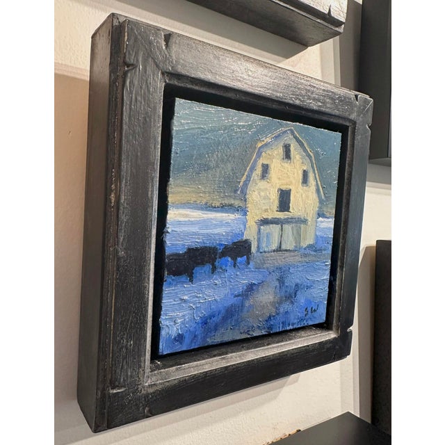 Contemporary Feeding Time by Seth Winegar | Oil on panel Painting of a barn with cows in a snowy landscape For Sale - Image 3 of 3
