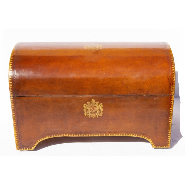 Large Italian Leather Armorial Domed Top Box For Sale - Image 4 of 6
