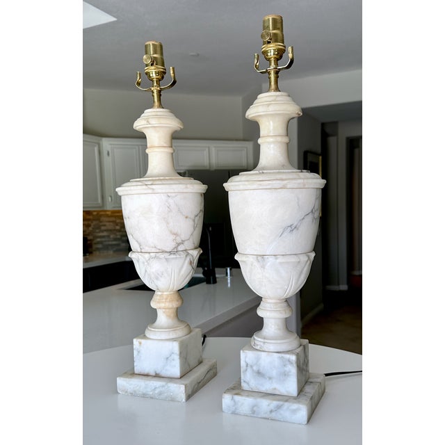 Large Pair Italian Column Neoclassical Alabaster Table Lamps For Sale - Image 4 of 16