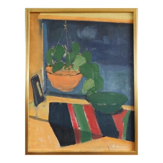 Mid-Century Modern 'The Striped Cloth' Swedish Expressive Still Life Interior Scene Oil Painting, Framed For Sale