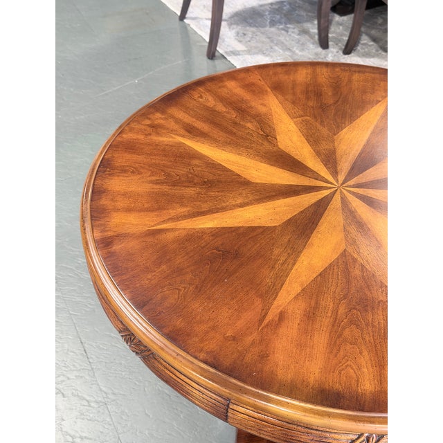 Late 20th Century Vintage Mahogany Compass Star Inlaid Accent Table With Carved Pedestal Base For Sale - Image 5 of 8