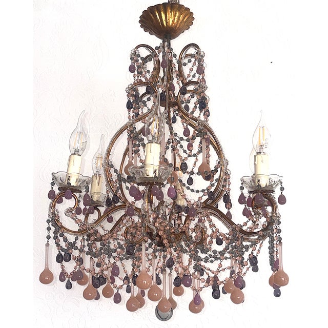 1940s Vintage Gilded Metal Murano Glass Drop Chandelier, 1940s For Sale - Image 5 of 18