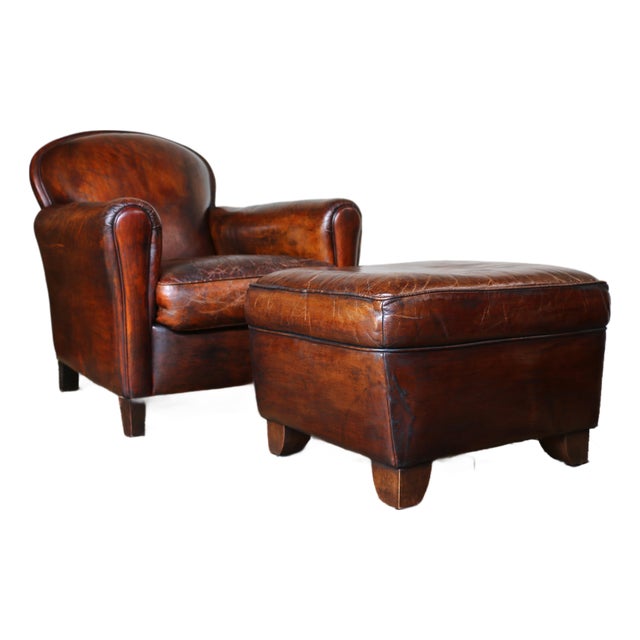 Vintage Leather Club Chair With Ottoman, Circa 1980s For Sale