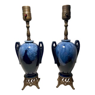 1930s Art Deco Cobalt Blue Ceramic Table Lamps Bronze Bases - a Pair For Sale
