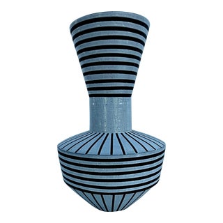 Palm Springs Black and Ivory Striped Stoneware Vase For Sale
