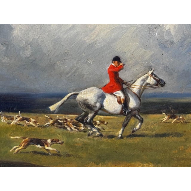 Raoul Millais Hunting Painting, English Fox Hunt Scene, Grey Horse Huntsman with Hounds, Sussex Sporting Art...