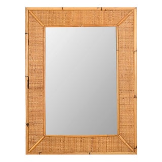 Large French Riviera Rectangular Mirror in Bamboo and Woven Rattan, Italy, 1970s For Sale