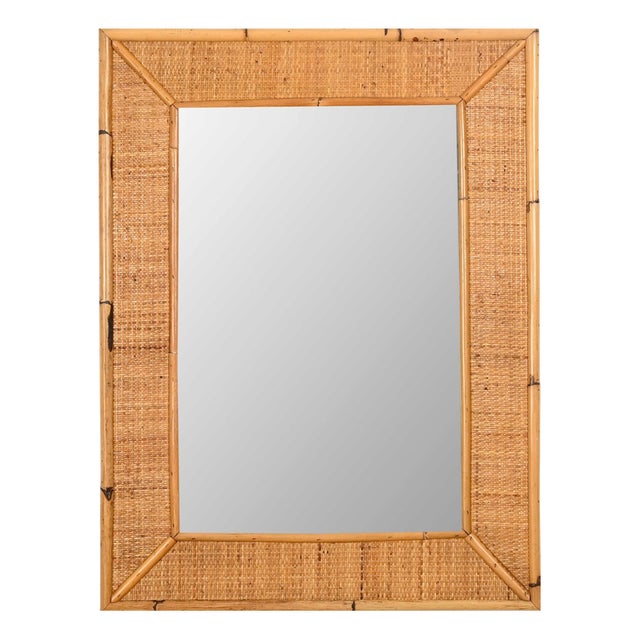 Large French Riviera Rectangular Mirror in Bamboo and Woven Rattan, Italy, 1970s For Sale