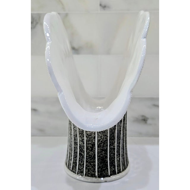 Mid 20th Century Italian Art Deco Style Fan Shell Ceramic Vase, Mottled Green Brown Glaze, Made in Italy For Sale - Image 5 of 10