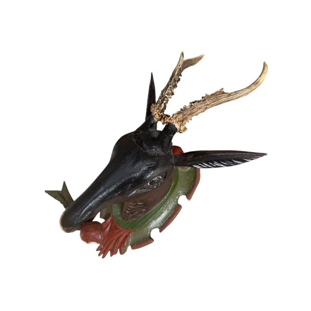 Cabin Black Forest Wood Carved Deer Head Trophy Antlers Carving For Sale - Image 3 of 6