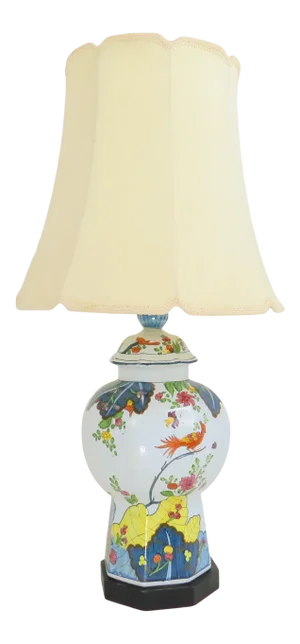 Vintage Italian Ceramic 8-Sided Ginger Jar Shaped Table Lamp With Shade