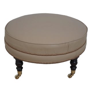 Round Tan Leather Ottoman or Stool For Sale