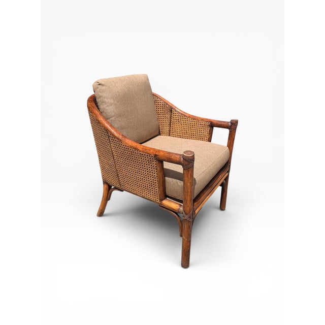 McGuire Set of 4 Vintage McGuire San Francisco Bamboo Rattan & Cane Lounge Dining Armchairs For Sale - Image 4 of 17