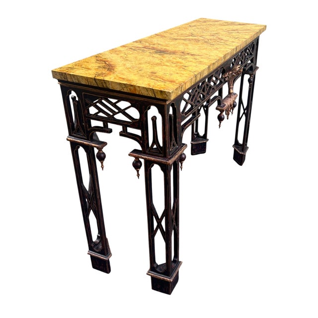 1990s 1990s Chinese Chippendale Chinoserie Faux Marble Top Console / Sofa Tables a Pair For Sale - Image 5 of 18