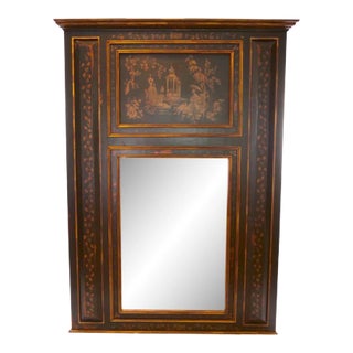 Hand Painted Wood Chinoiserie Panels Trumeau Mirror For Sale