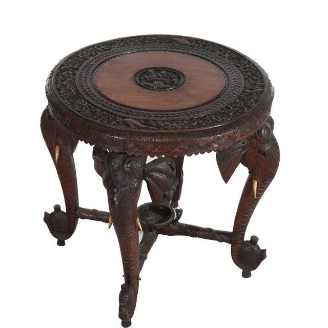 Antique Anglo Indian Figural Carved Rosewood Side Table With Elephants & Hindu Goddess Medallion 19thC Measures - 24 1/2"...