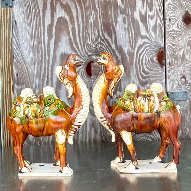 Boho Chic Vintage Boho Tri Colored Sancai Glazed Tang Camels - a Pair For Sale - Image 3 of 9