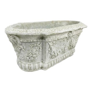 Vintage Italian Style White-Washed Garden Planter With Cherub & Fruit Swags For Sale