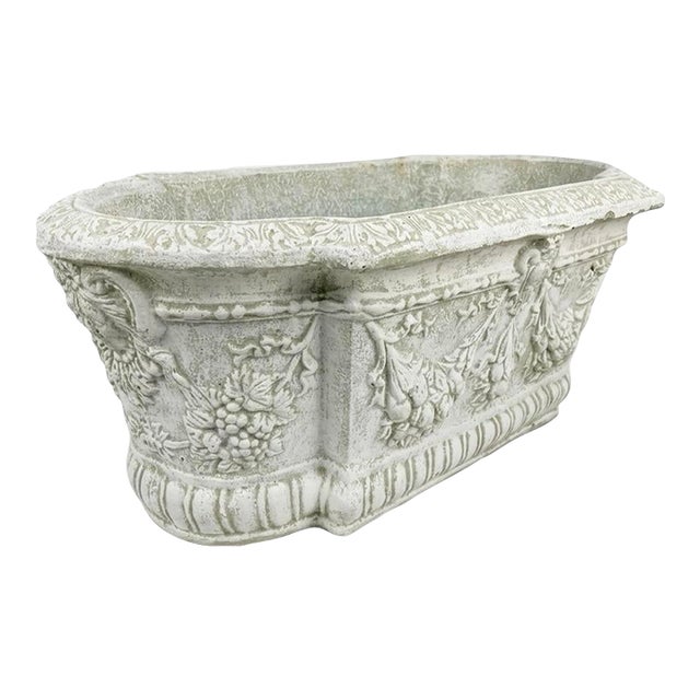 Vintage Italian Style White-Washed Garden Planter With Cherub & Fruit Swags For Sale